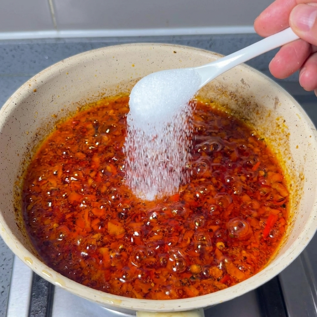 Biała łyżka sypiąca cukier na bulgoczącą pastę chili.