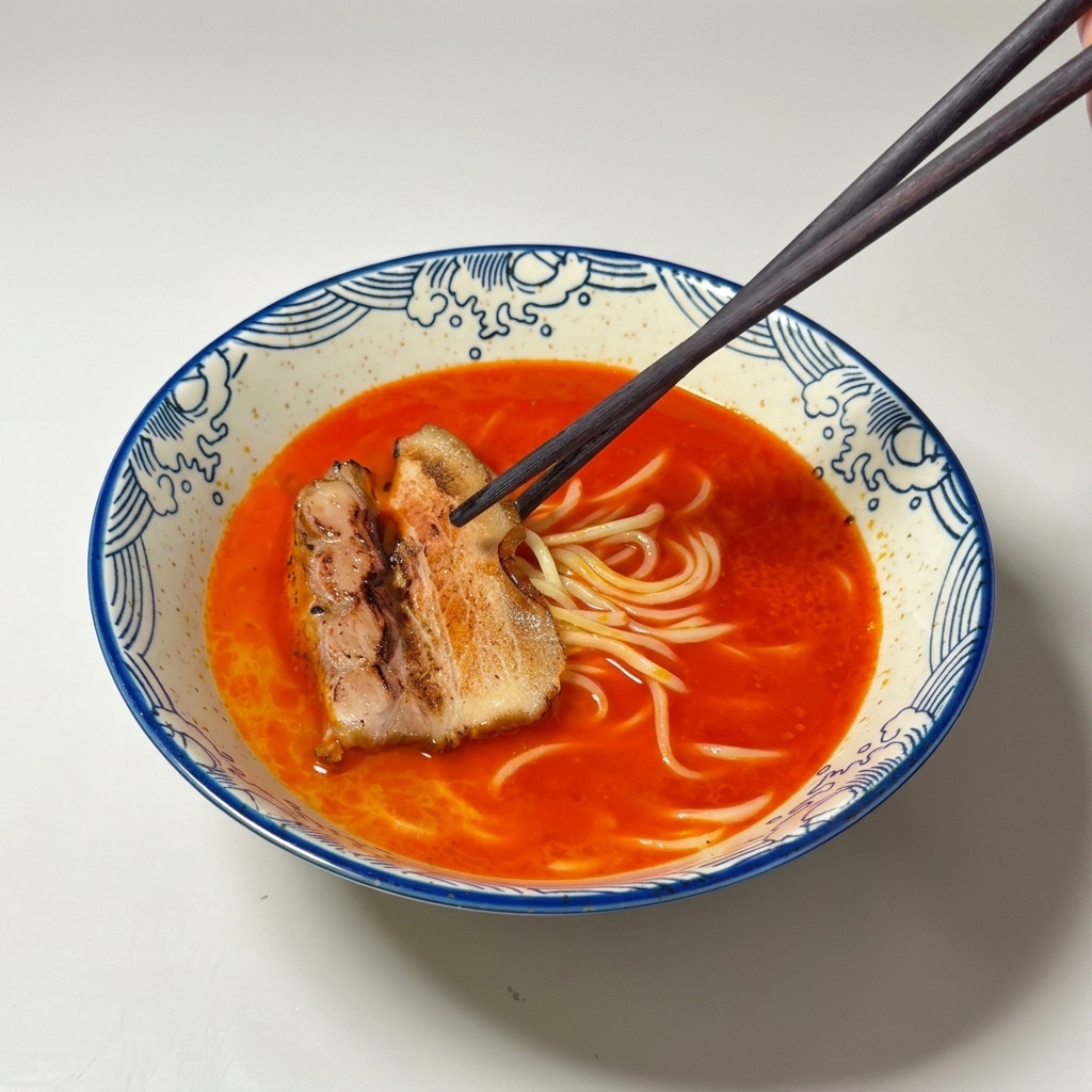 Plaster boczku chashu układany na wierzchu makaronu w czerwonej zupie.