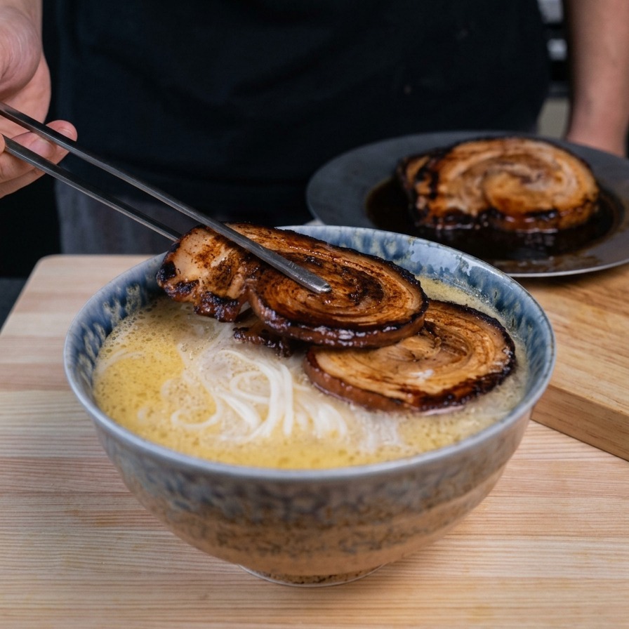 Szczypce ostrożnie kładące skarmelizowane, zrolowane plastry chashu na parującą miskę makaronu ramen i kremowego bulionu.
