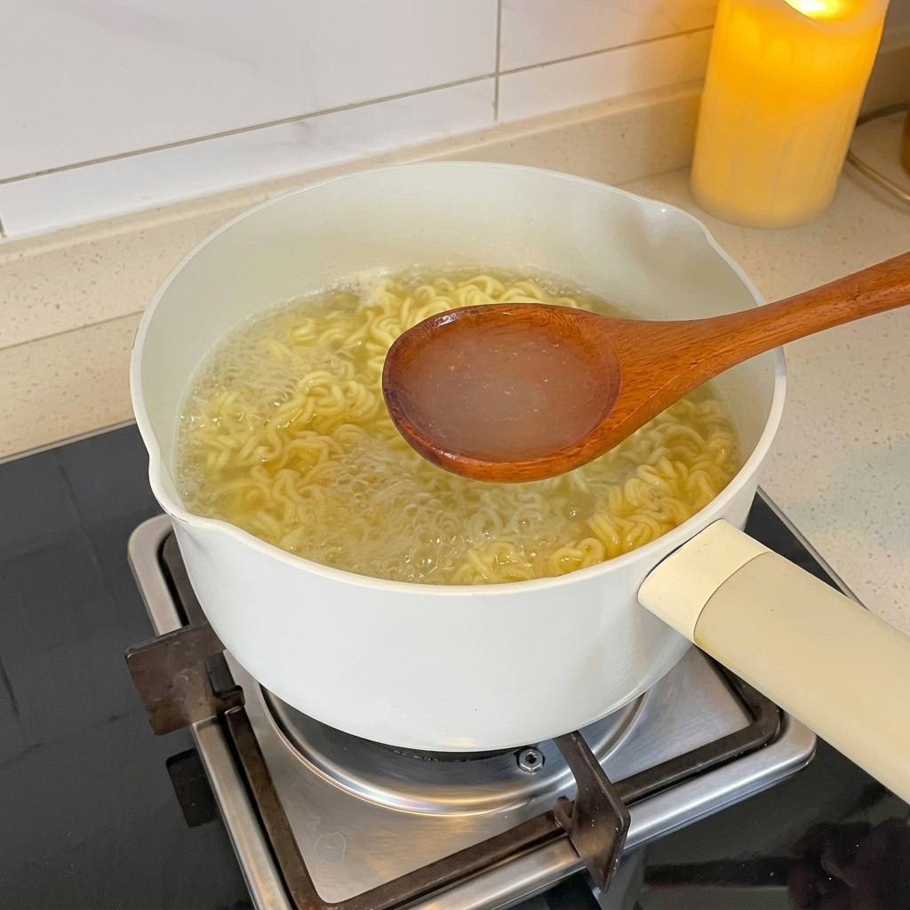 Drewniana łyżka nabierająca gorącą, mętną wodę z garnka, w którym gotuje się makaron ramen.