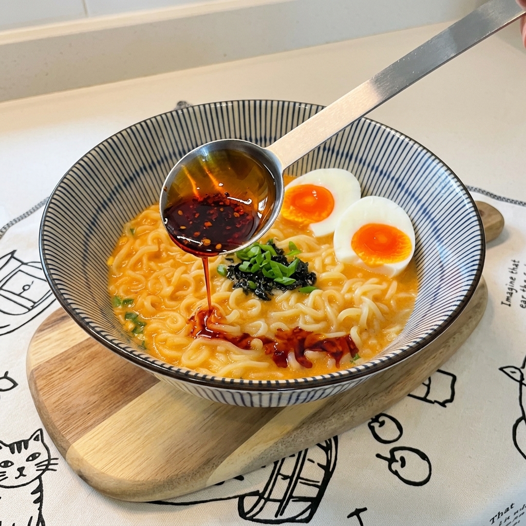 Metalowa łyżka polewająca jaskrawoczerwonym olejem chili miskę kremowego ramenu z jajkiem i szczypiorkiem.