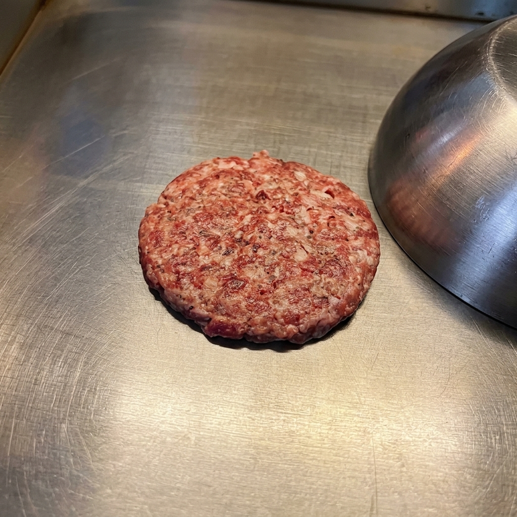 Surowy kotlet wołowy smażący się na płycie obok metalowej pokrywki w kształcie kopuły.