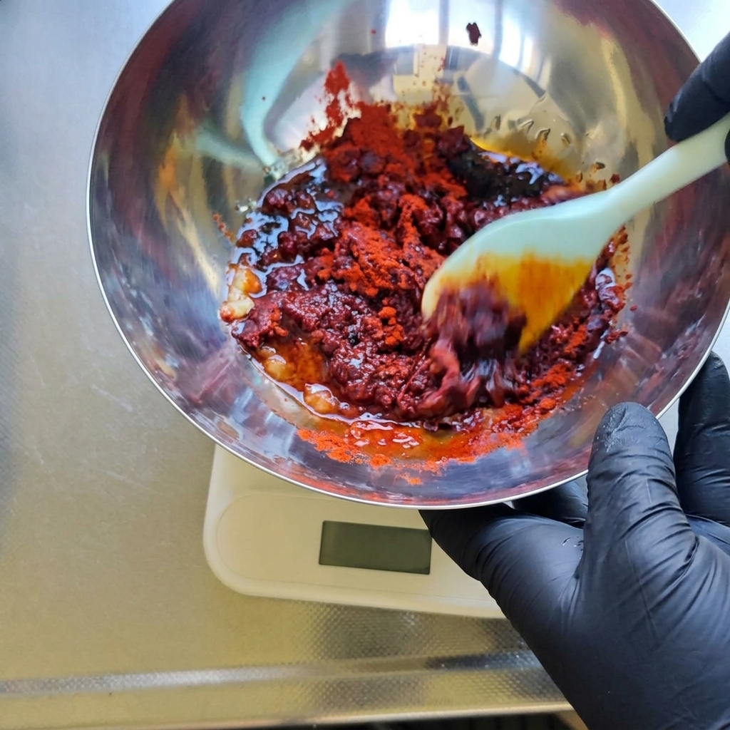 Mieszanie gęstej, ciemnoczerwonej masy z papryki chili i przypraw w metalowej misce za pomocą łopatki.