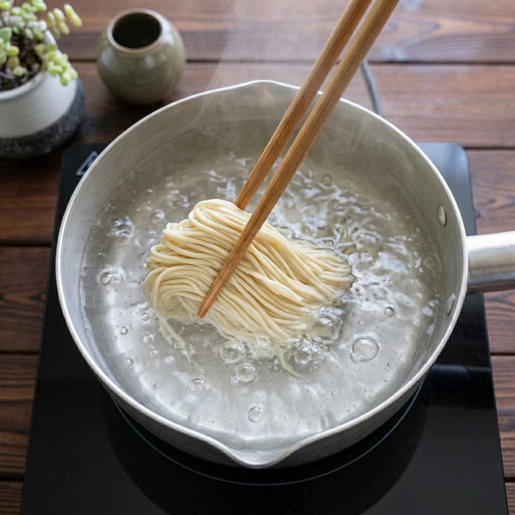 Pałeczki zanurzające świeży makaron ramen w garnku z wrzącą wodą.