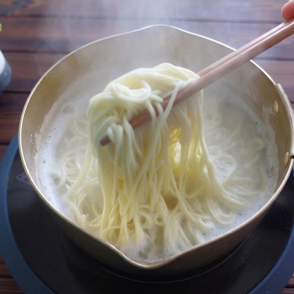Makaron ramen wyjmowany z wrzątku za pomocą drewnianych pałeczek.