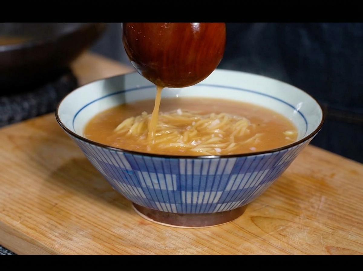 Drewniana chochla wlewająca gorący wywar miso na makaron ramen w biało-niebieskiej misce.