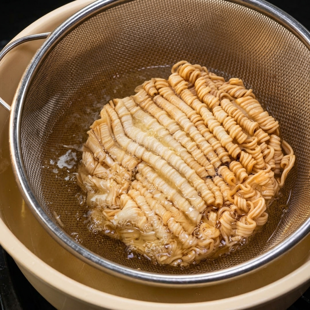 Blok falistego makaronu ramen smażony w głębokim tłuszczu w metalowym sitku zanurzonym w gorącym, bąbelkującym oleju.