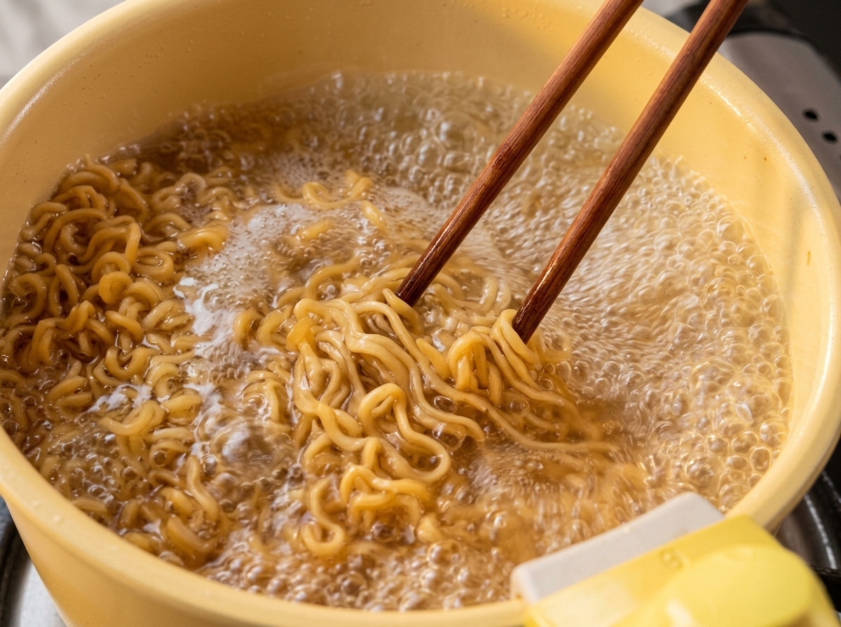 Falisty makaron ramen szybko gotujący się w żółtym garnku z wodą, mieszany i rozdzielany drewnianymi pałeczkami.