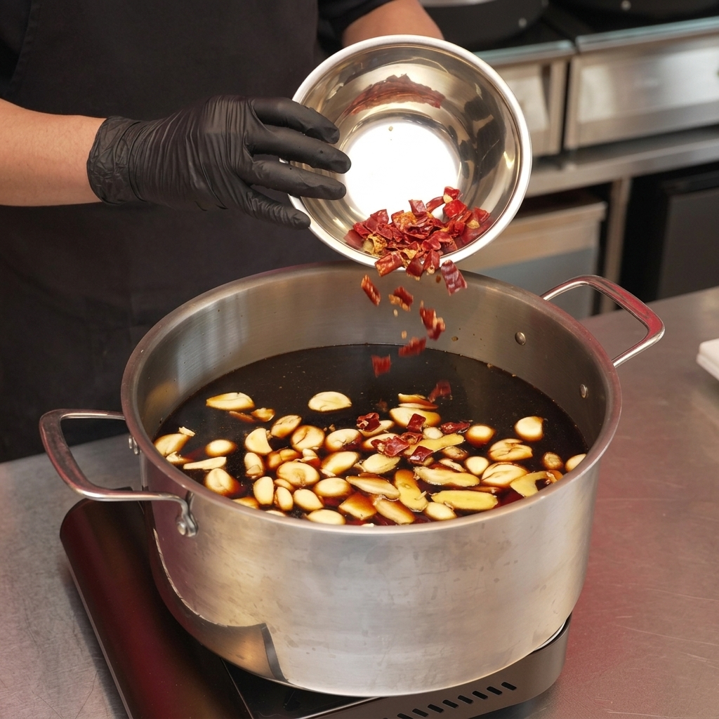 Wsypywanie kawałków suszonych czerwonych papryczek chili z metalowej miski do sosu.