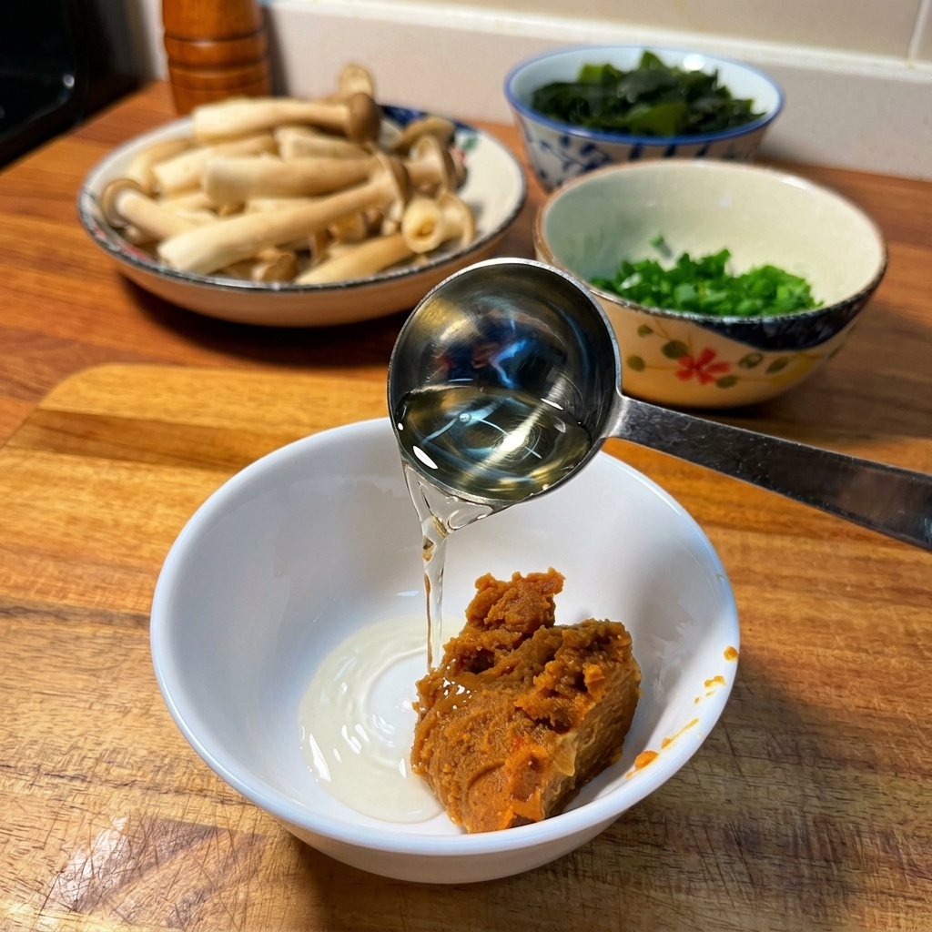 Wlewanie sosu sojowego do miski z pastą miso i koreańską pastą gochujang.