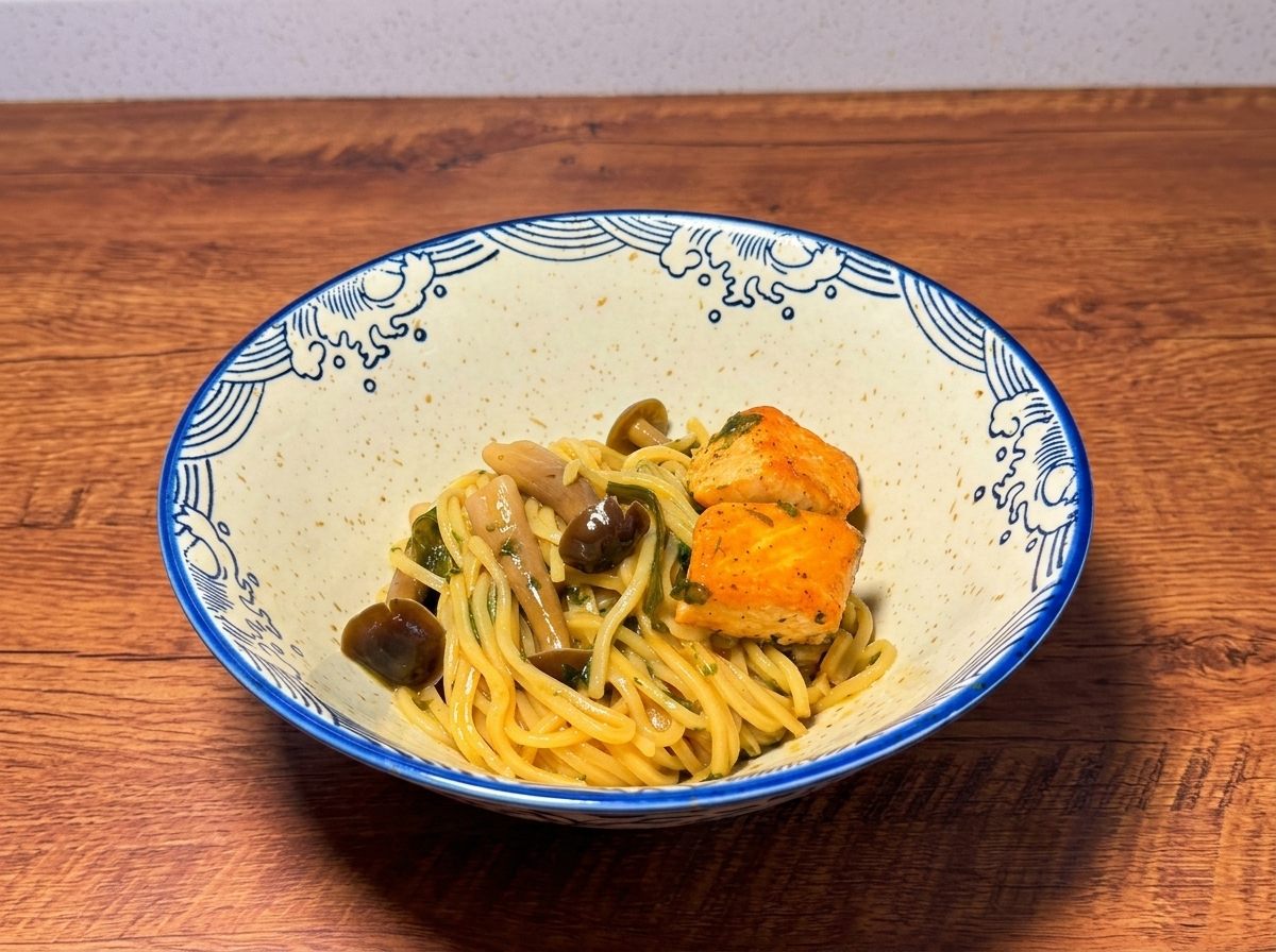 Pięknie podany ramen w ceramicznej misce z łososiem, grzybami i szczypiorkiem.
