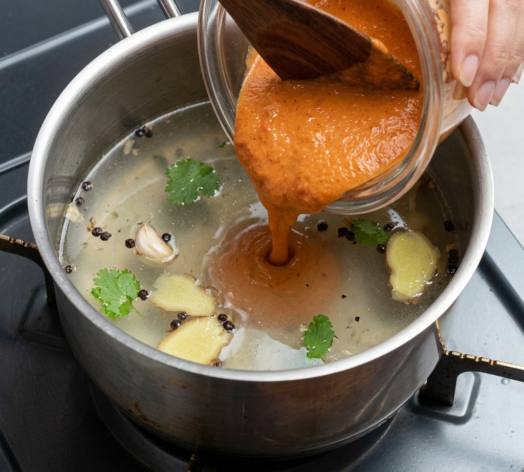Wlewanie czerwonej mieszanki miso i sosu chili ze szklanego naczynia do garnka z gotującą się wodą i aromatami.