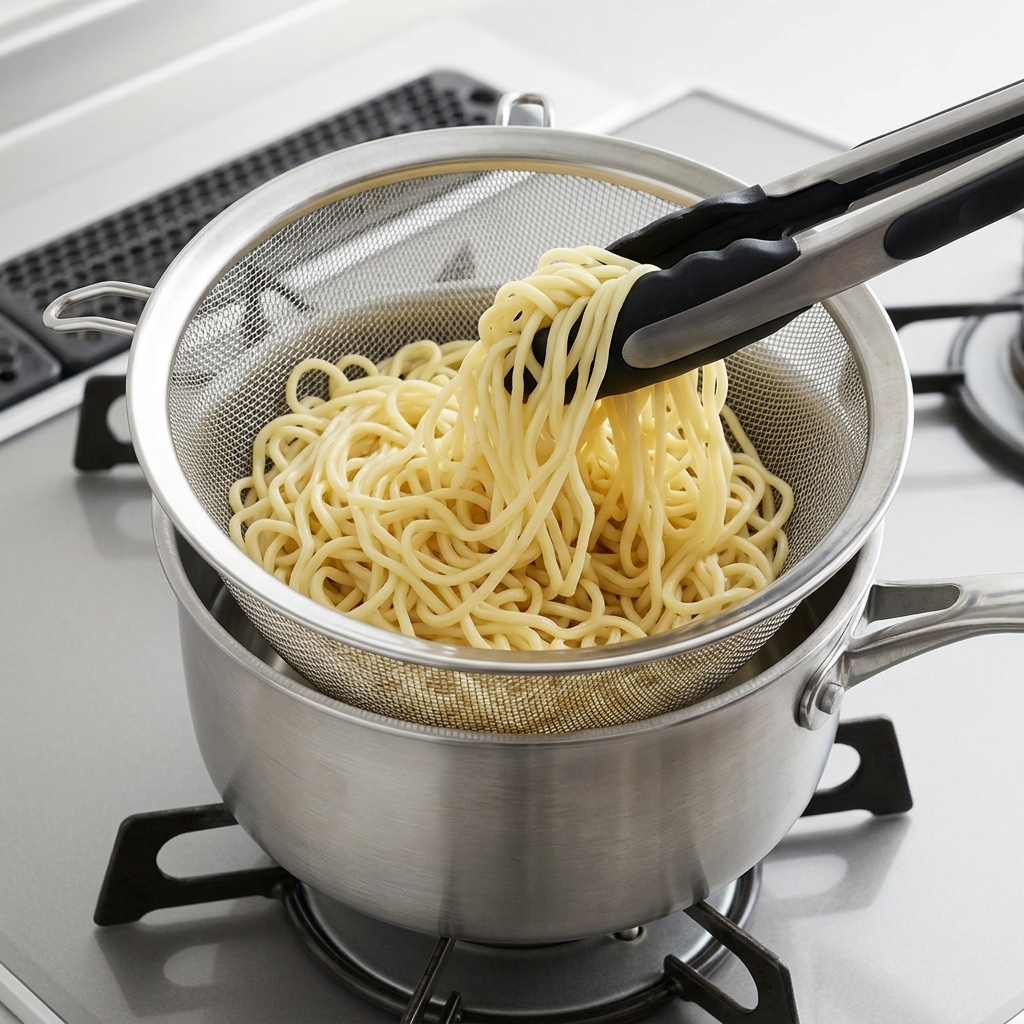 Czarne szczypce podnoszące ugotowany żółty makaron ramen na sitko ze stali nierdzewnej umieszczone nad garnkiem.
