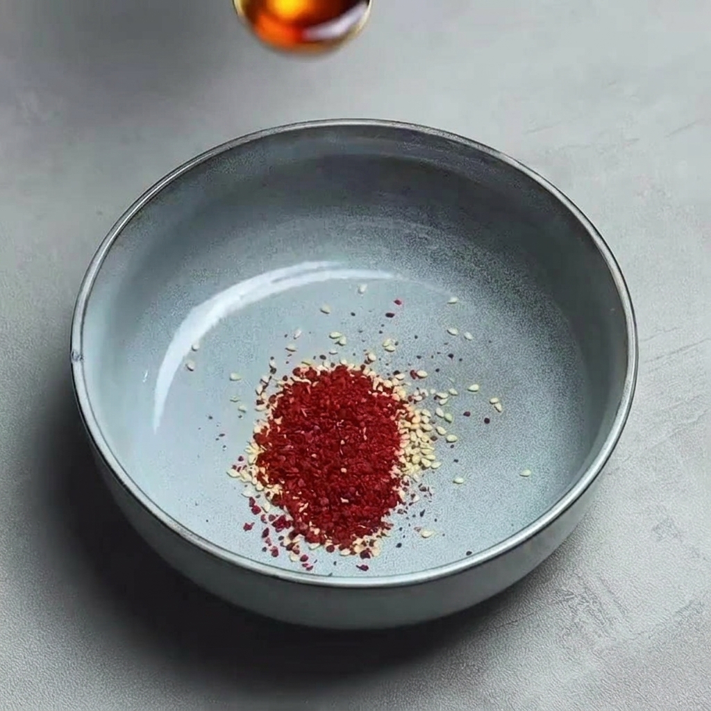 Płatki chili i biały sezam na środku szarej ceramicznej miski, z góry wlewany jest olej chili.