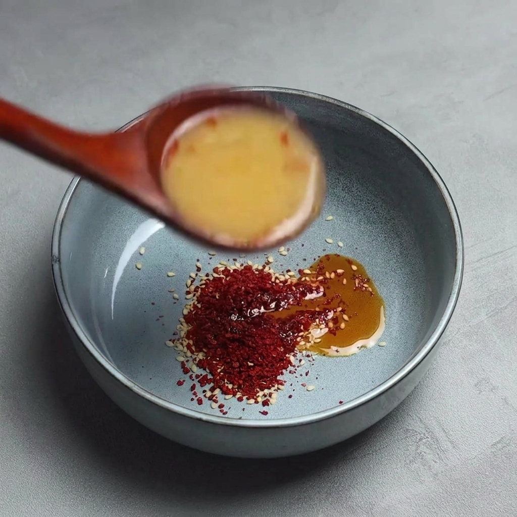 Drewniana łyżka wlewająca gorący, mętny bulion do szarej miski z sezamem, płatkami chili i olejem chili.
