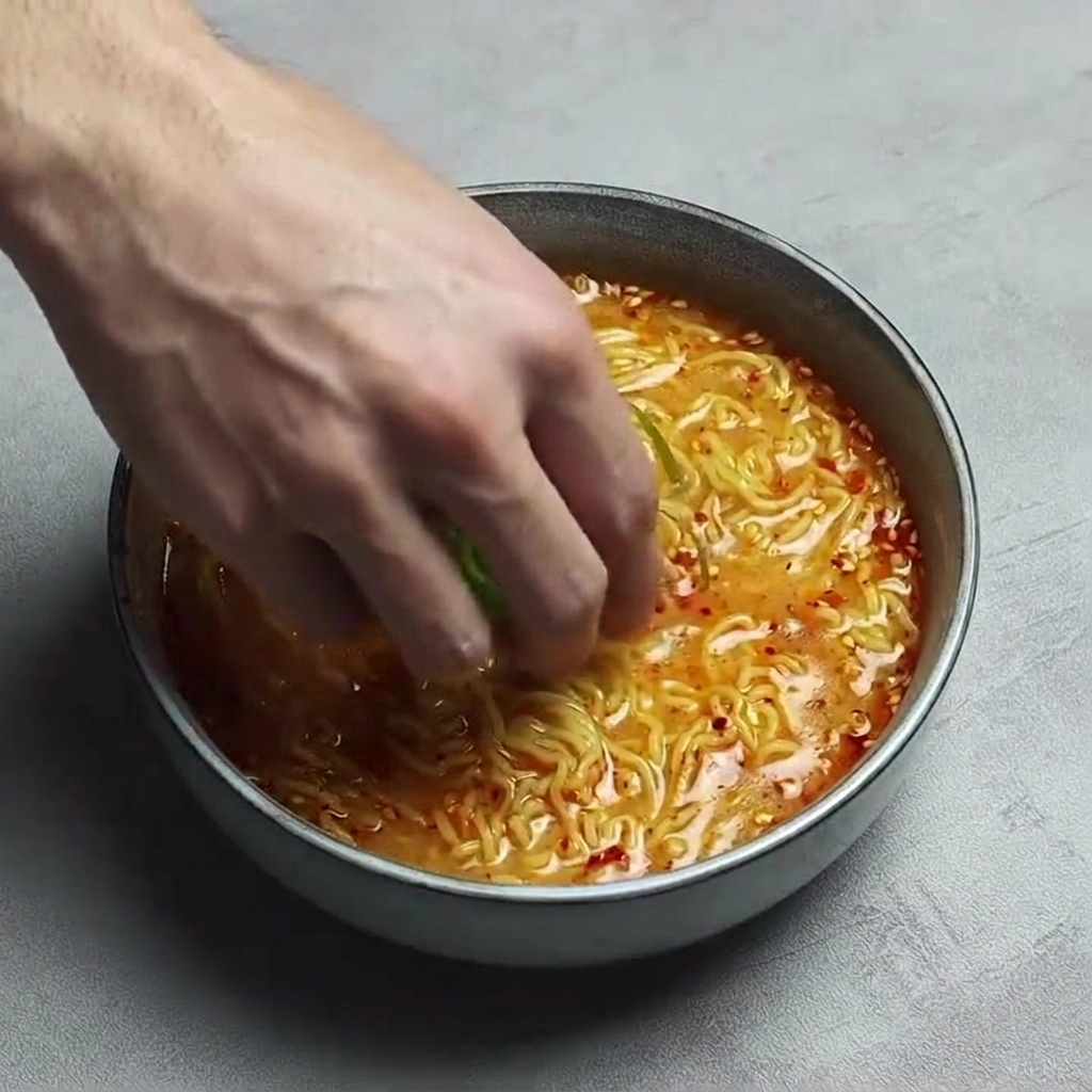 Ręka kładąca świeżo pokrojoną zieloną dymkę do parującej miski ramenu z olejem chili i sezamem.