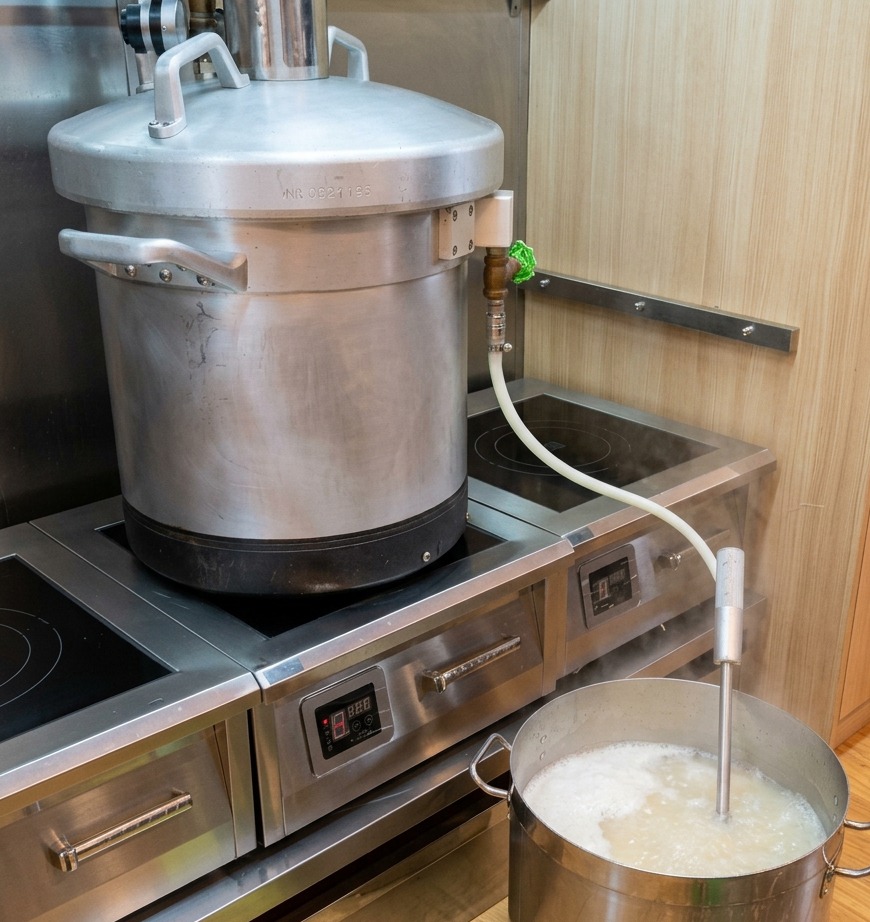 Duży garnek ze stali nierdzewnej, w którym powoli gotuje się kremowy bulion tonkotsu.