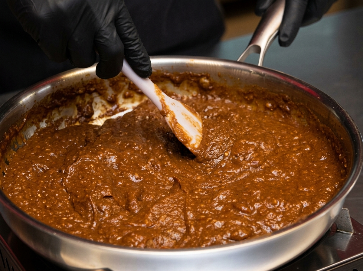 Gęsta, ciemnobrązowa pasta miso mieszana na patelni za pomocą białej łopatki.