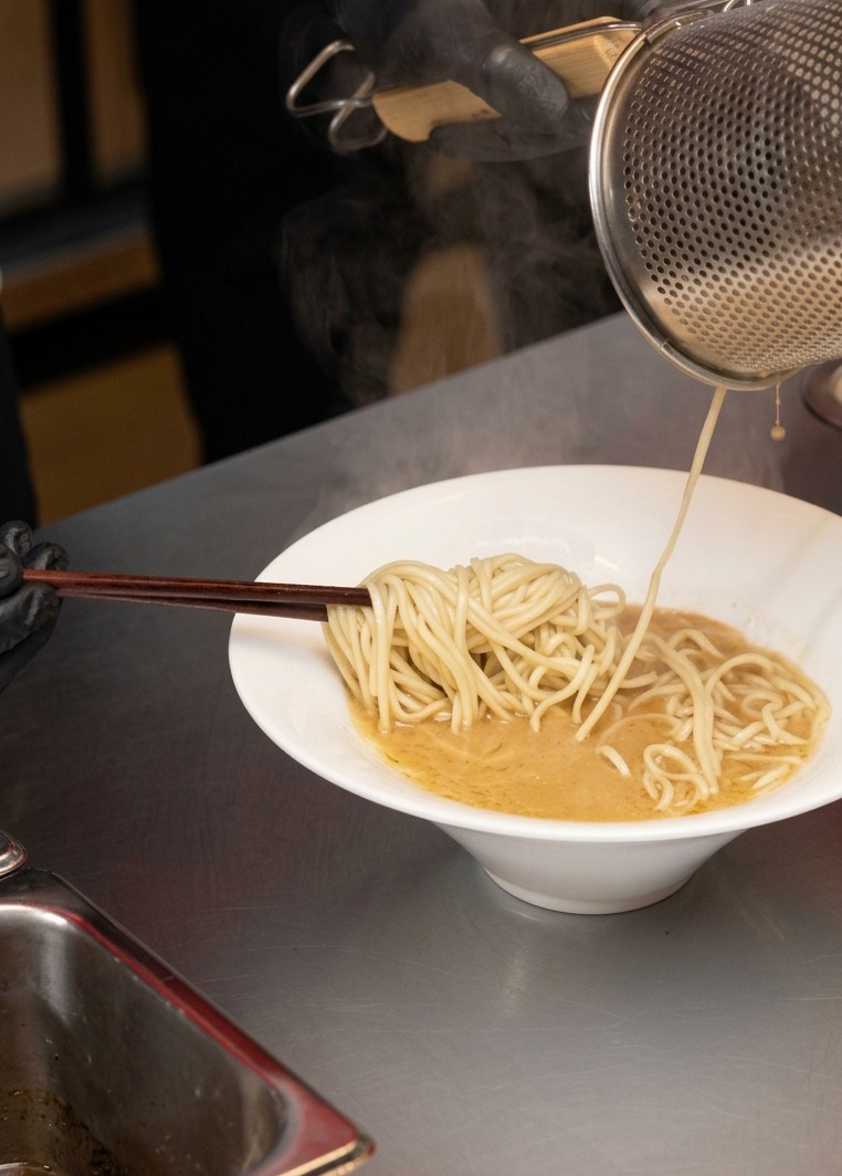 Świeżo ugotowany makaron ramen przekładany z sitka bezpośrednio do miski z gorącym wywarem miso.
