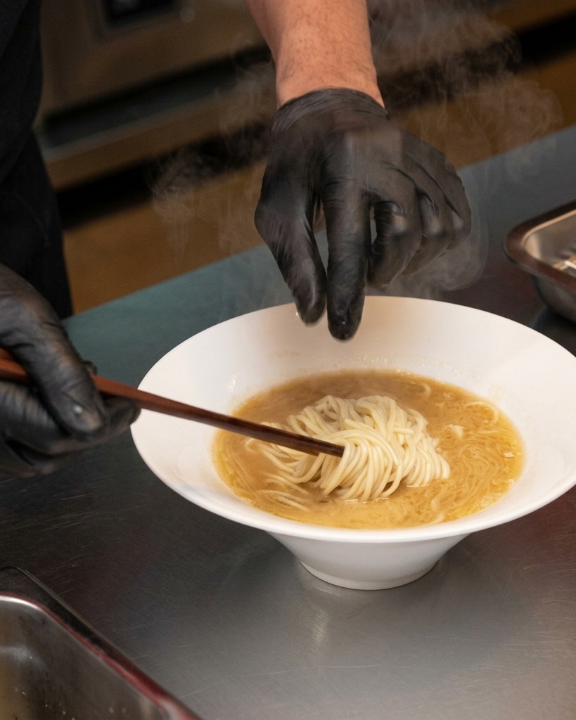 Drewniane pałeczki starannie układające makaron ramen w misce z bulionem.
