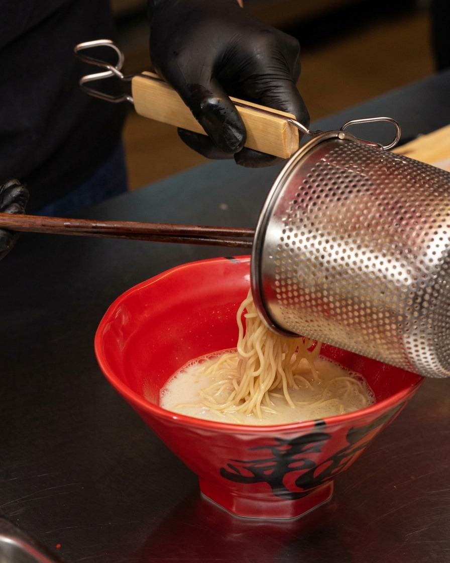 Ugotowany żółty makaron ramen przekładany z cedzaka bezpośrednio do miski z gorącym wywarem.