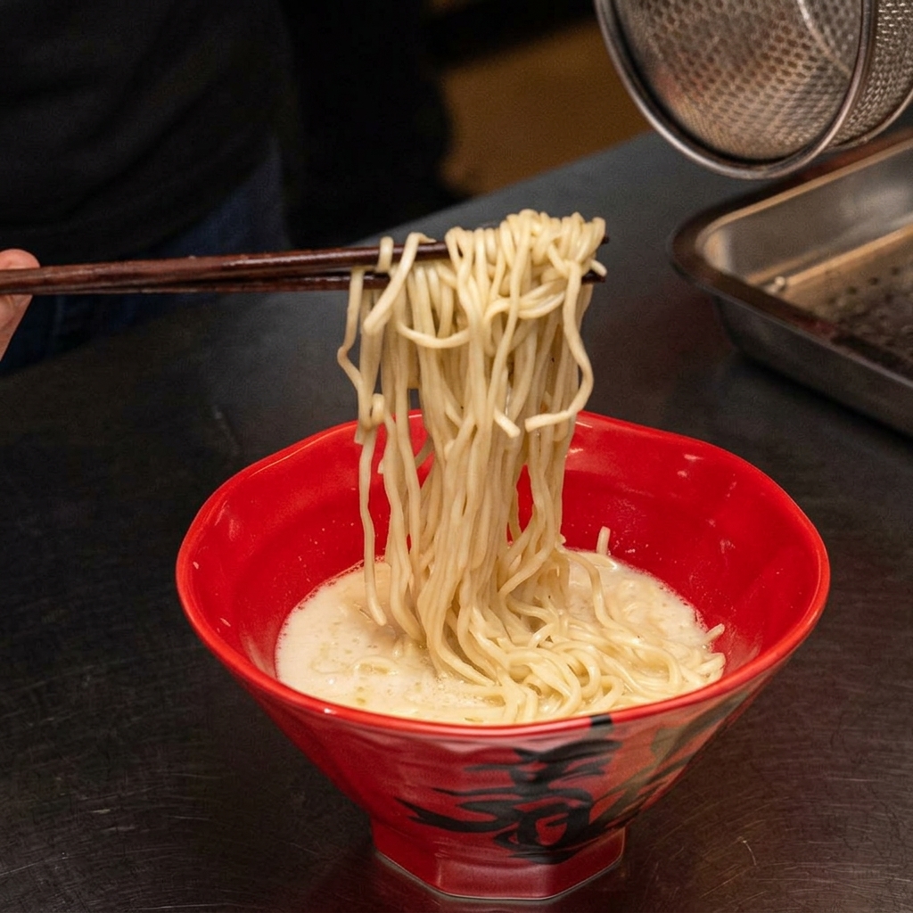 Pałeczki unoszące i układające makaron ramen w czerwonej misce z kremowym wywarem.