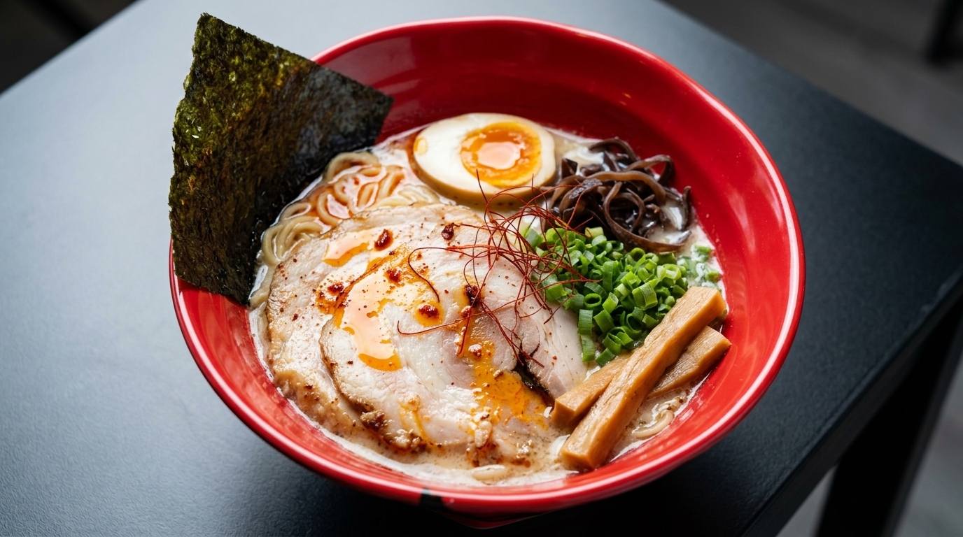 Miska aromatycznego Tonkotsu Miso Ramen z kremowym bulionem, opalanym boczkiem chashu, jajkiem ajitsuke tamago i nitkami chili.