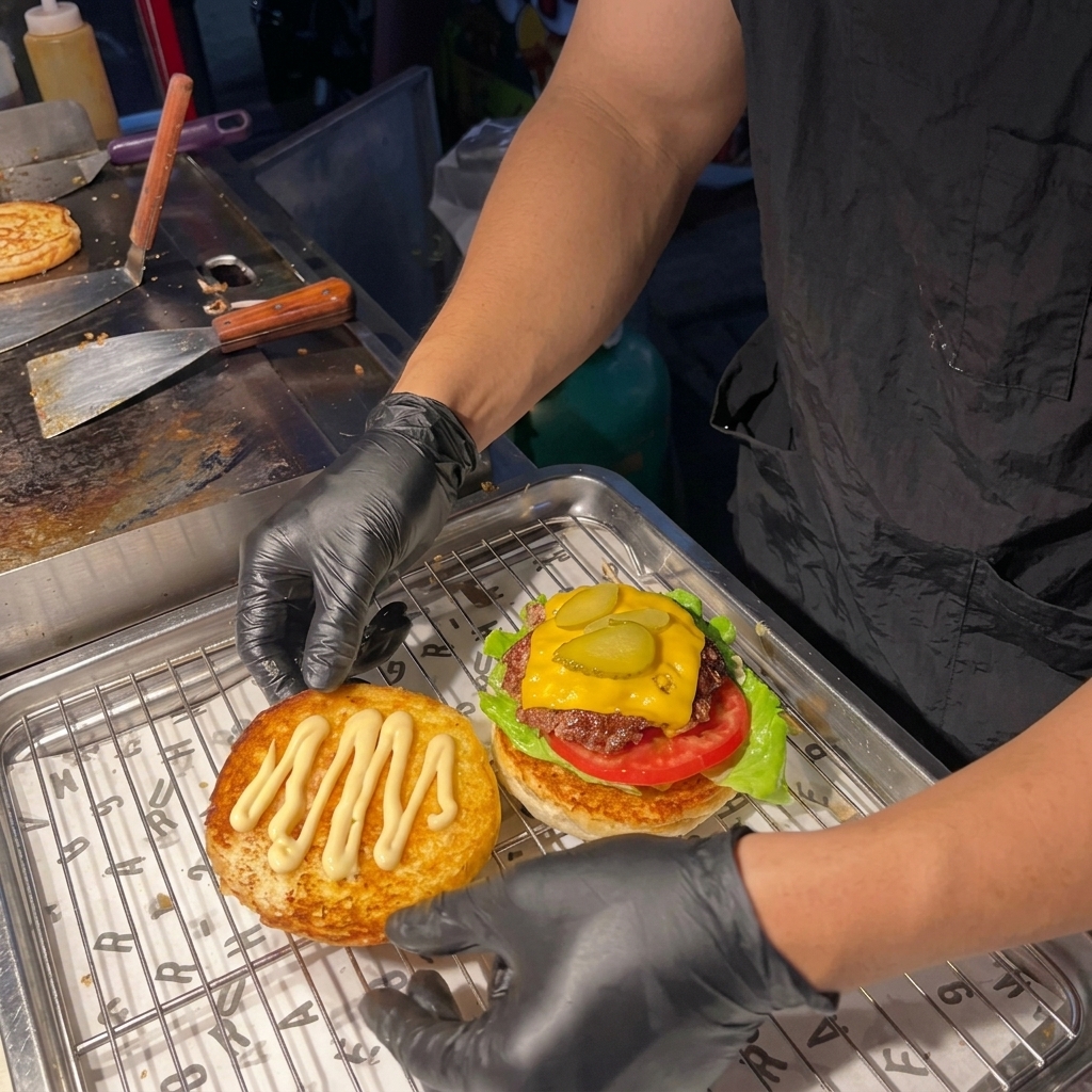 Dłonie kładące górną część bułki na w pełni gotowego klasycznego burgera.