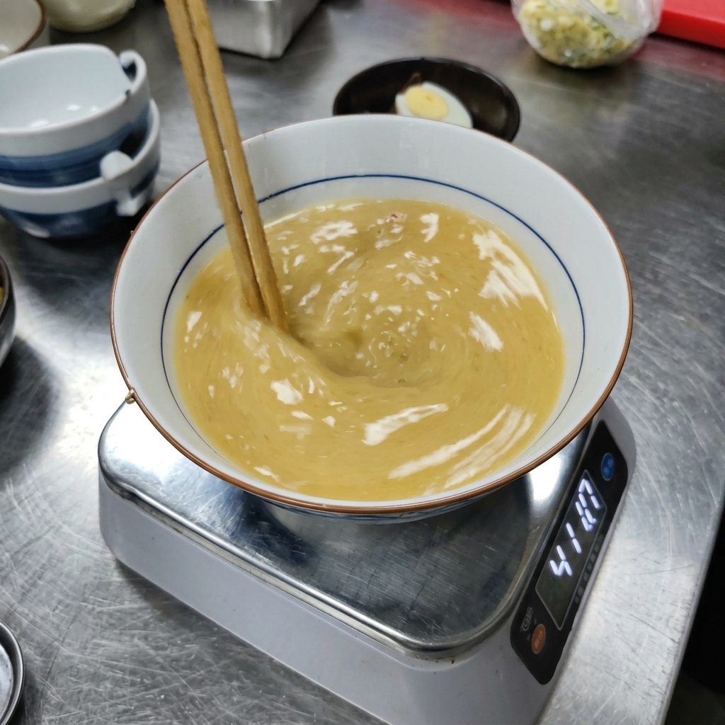 Mieszanie pałeczkami pasty miso i gorącego bulionu w ozdobnej misce umieszczonej na wadze kuchennej.