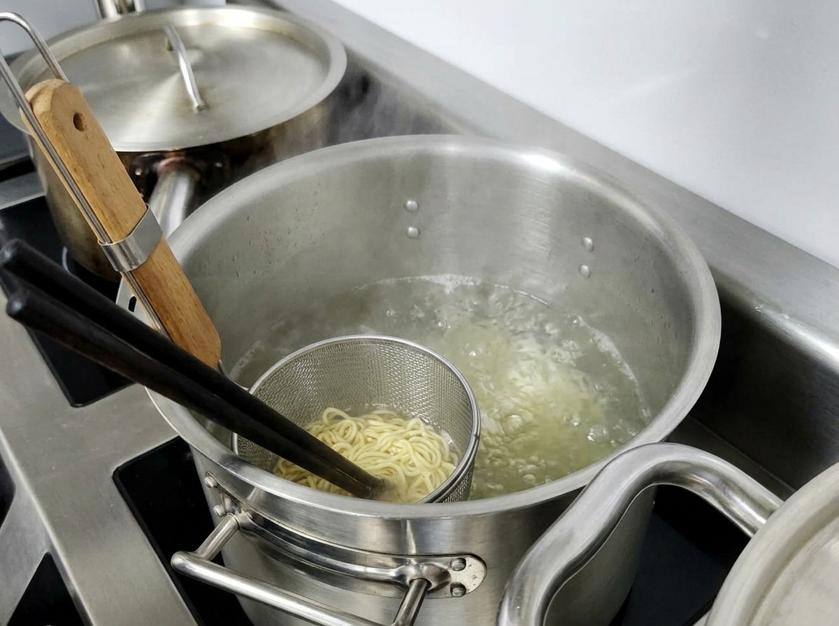 Makaron ramen gotujący się w metalowym sitku zanurzonym w garnku z mocno bulgoczącą wodą.