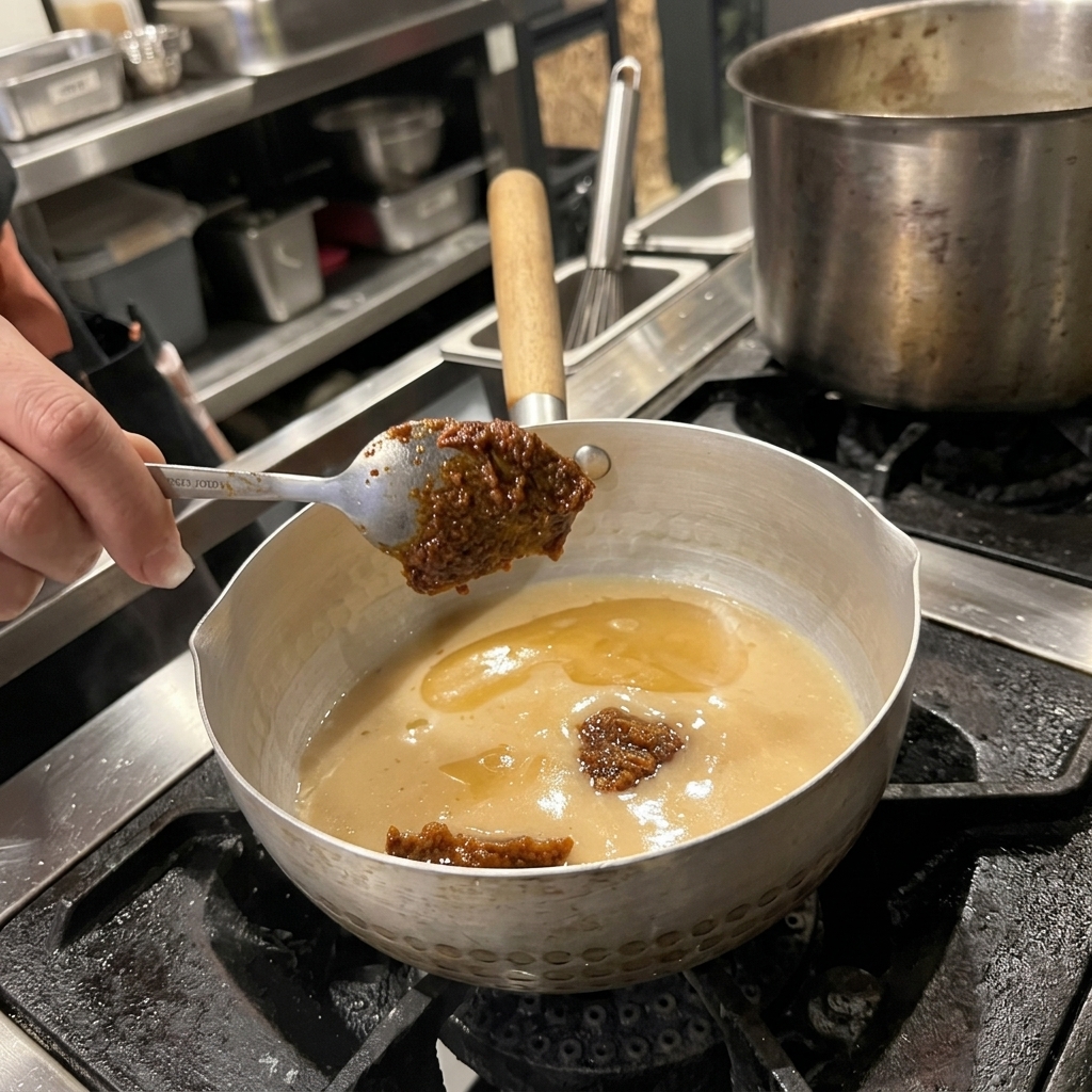 Metalowa łyżka z gęstą, brązową pastą miso trzymana nad garnkiem z gorącym bulionem.