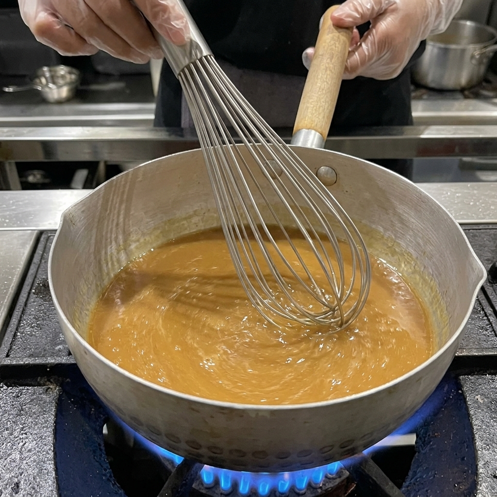 Metalowa trzepaczka energicznie mieszająca brązowy bulion w garnku nad płomieniem kuchenki.
