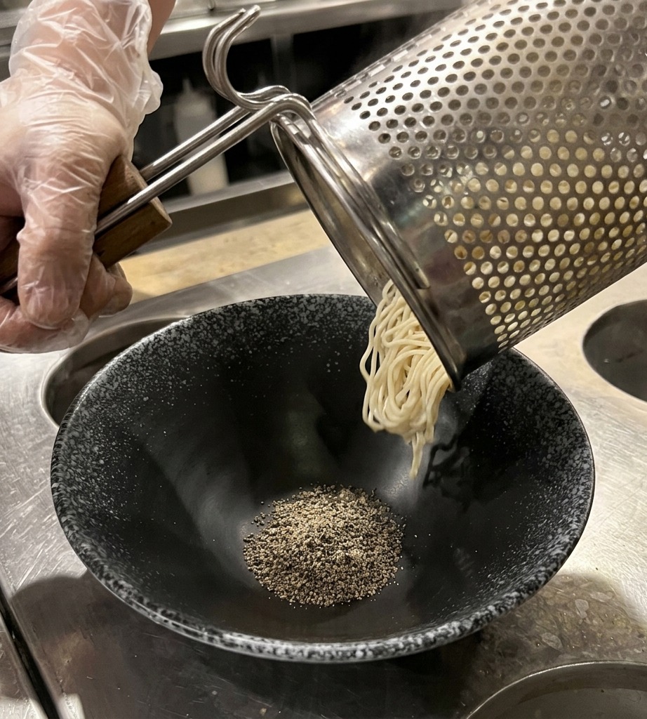 Dłoń trzymająca metalowe sitko, przesypująca ugotowany makaron ramen do czarnej miski.