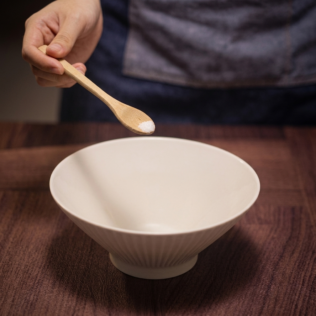 Drewniana łyżeczka wsypująca sól morską do pustej miski na ramen.