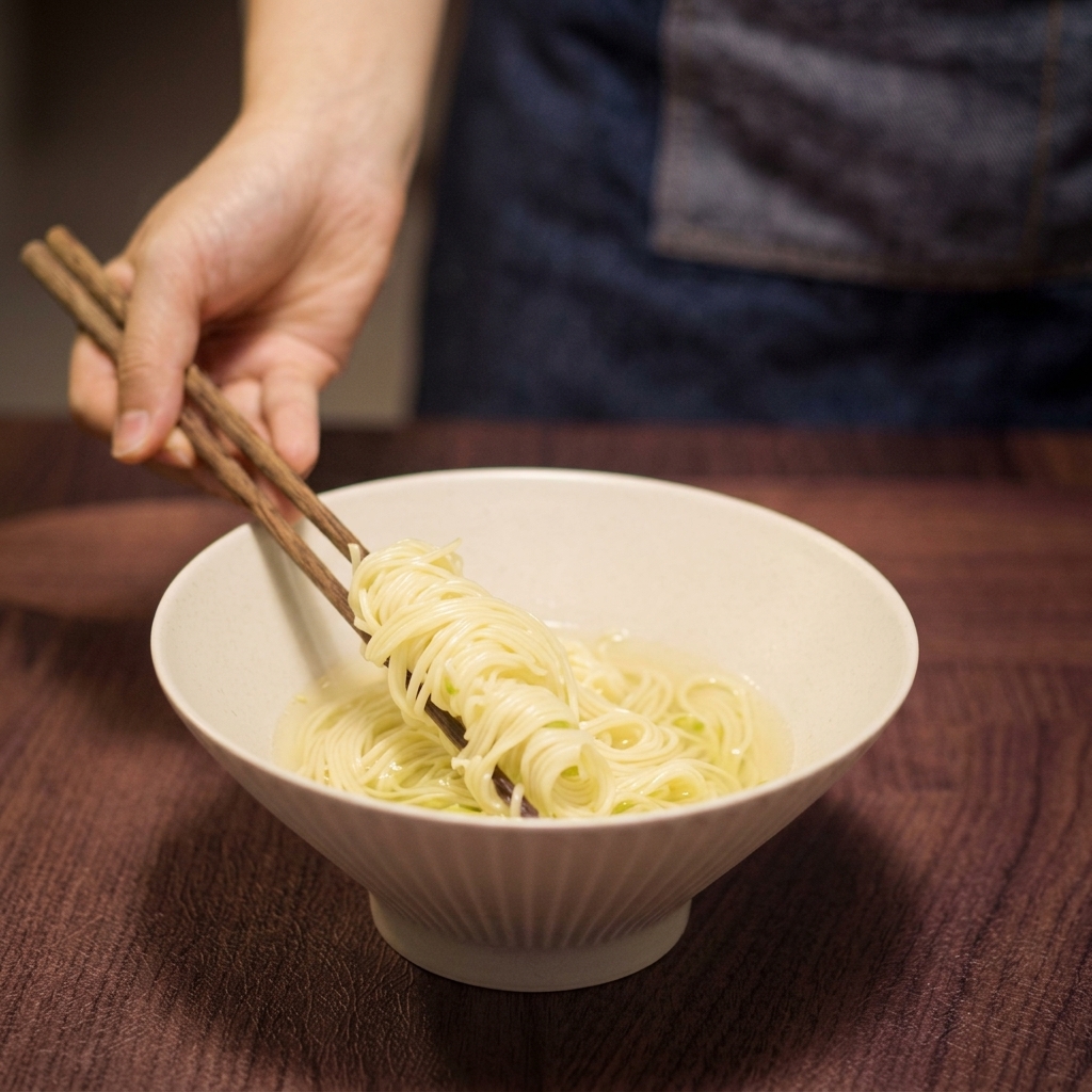Pałeczki wkładające żółty makaron ramen do klarownego bulionu.