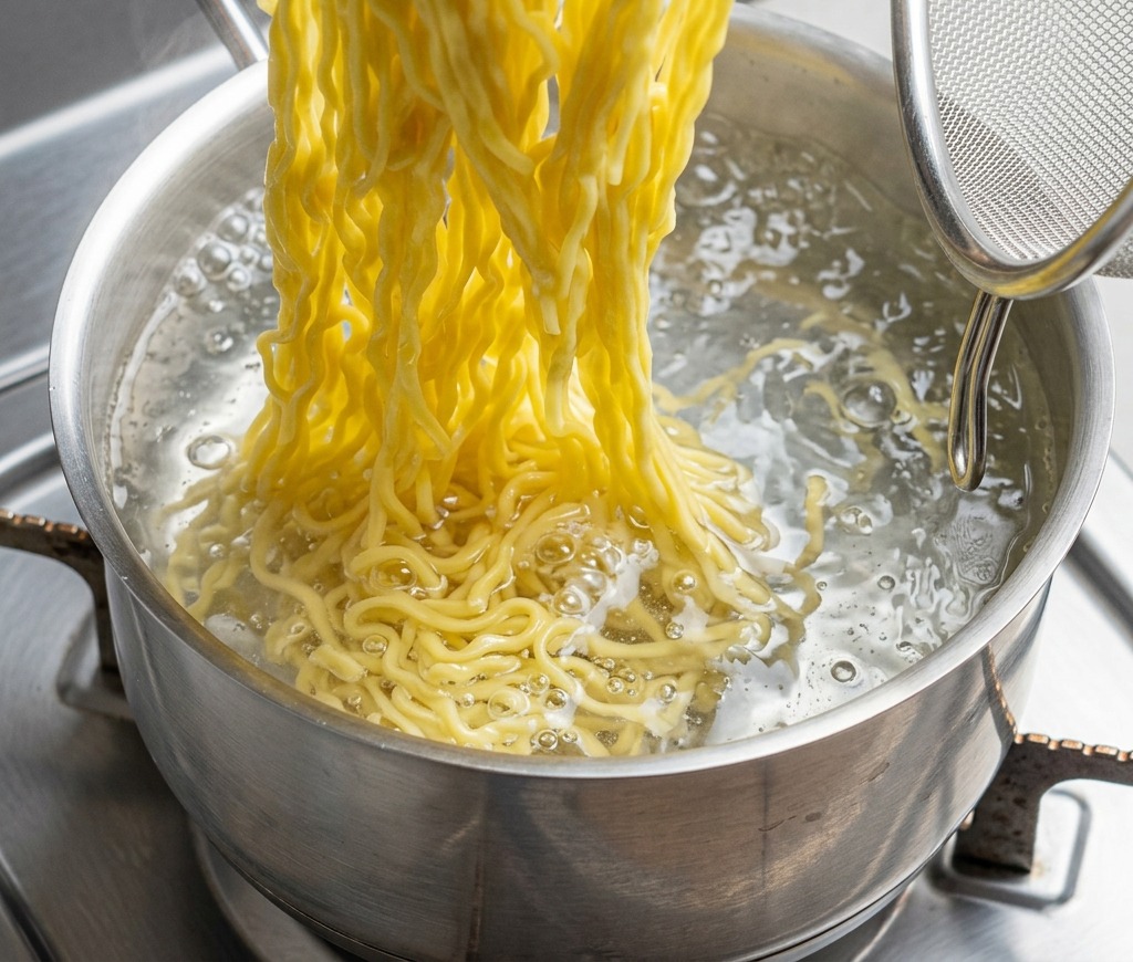 Ugotowany żółty makaron ramen wyciągany z wrzątku za pomocą sitka, nad którym unosi się para.