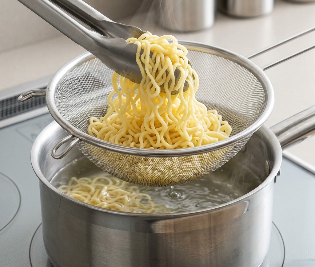 Makaron ramen na stalowym sitku trzymany szczypcami nad parującym garnkiem z wodą.