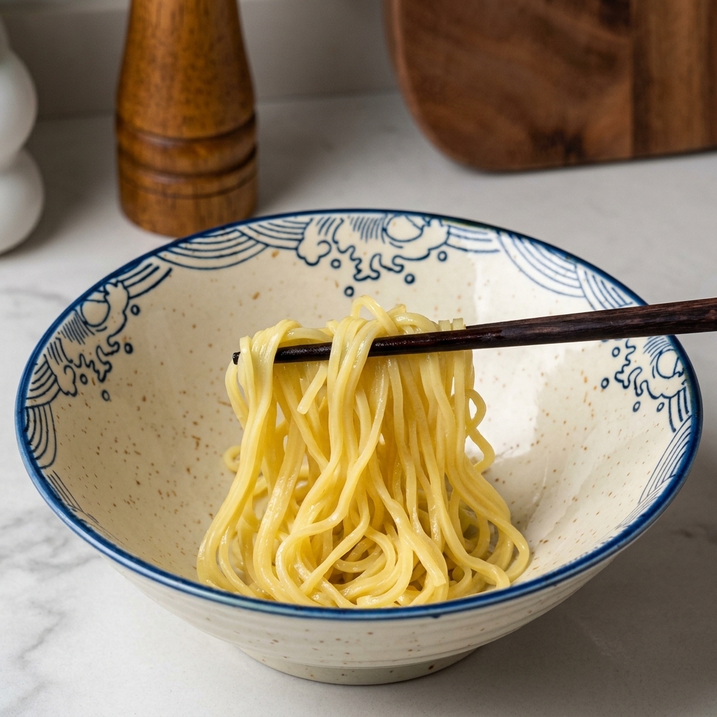 Żółty makaron ramen unoszony pałeczkami i umieszczany w kremowej ceramicznej misce w niebieskie fale.