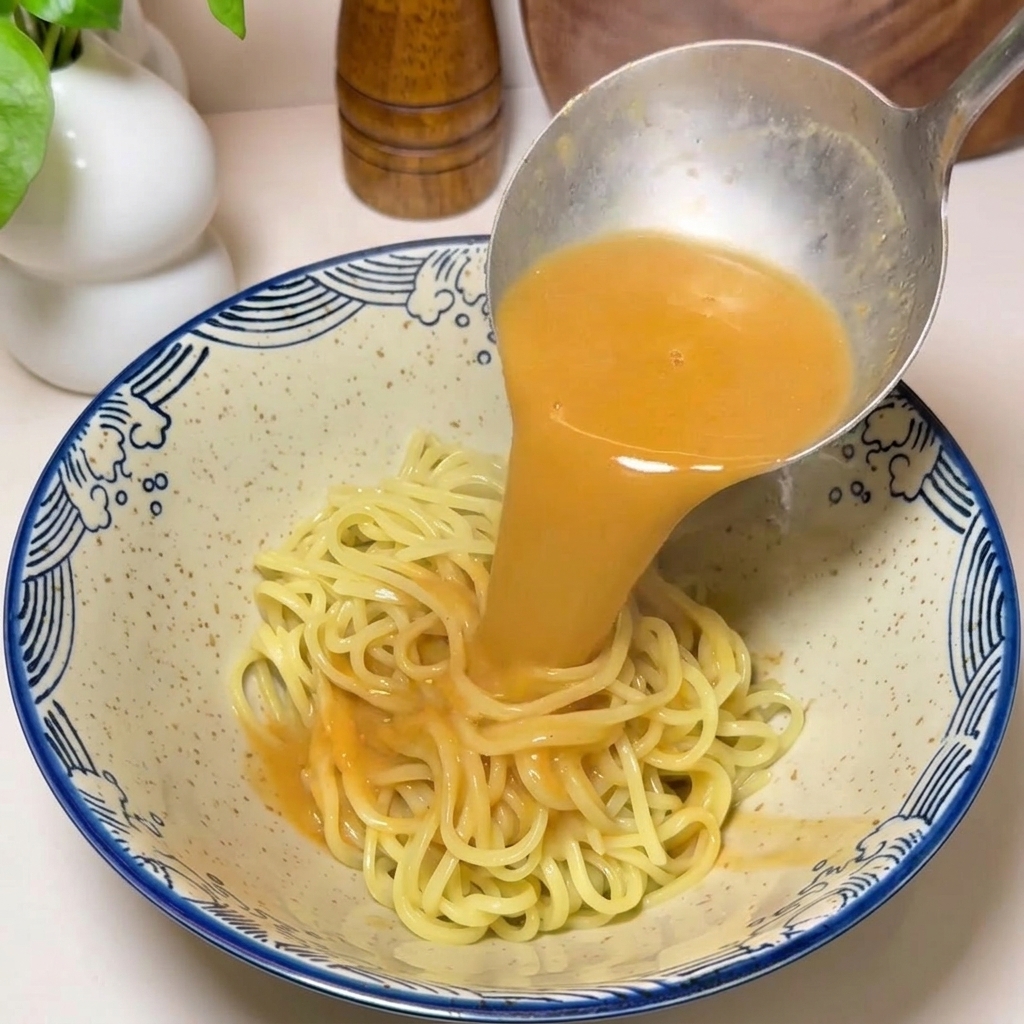 Metalowa chochla polewająca bogatym, pomarańczowym bulionem ułożony w gniazdo żółty makaron ramen w biało-niebieskiej misce.