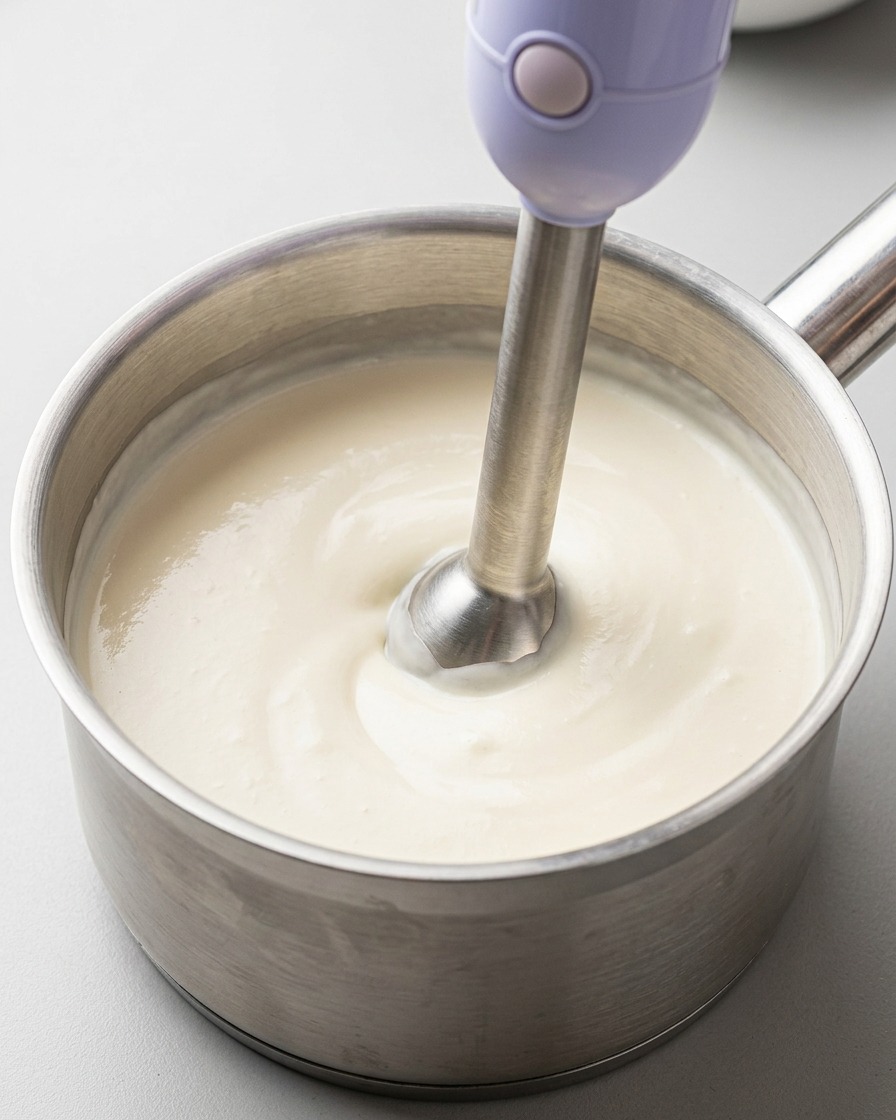 Srebrny blender ręczny miksujący jasny płyn w garnku, tworząc gęstą, puszystą mlecznobiałą pianę.