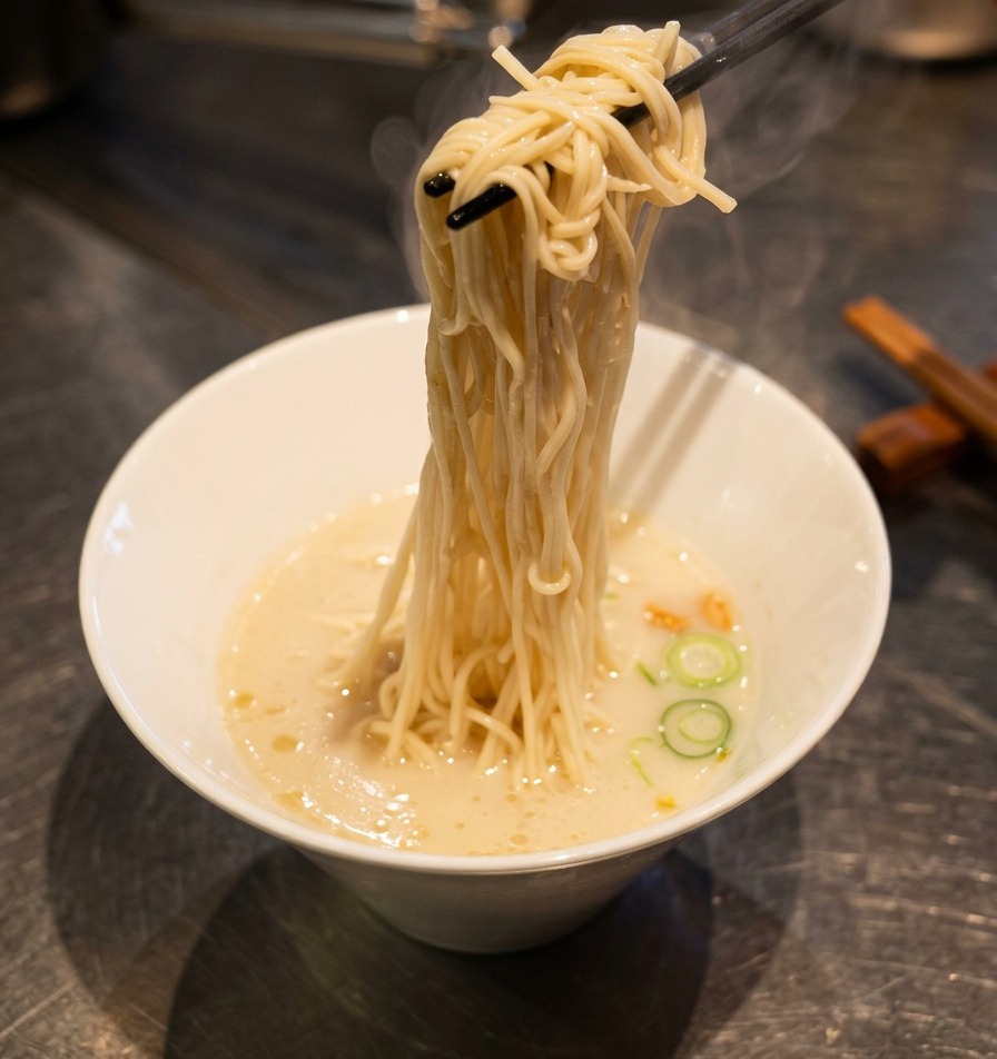 Pałeczki unoszące i układające cienki makaron ramen w misce z kremową, białą spienioną zupą.