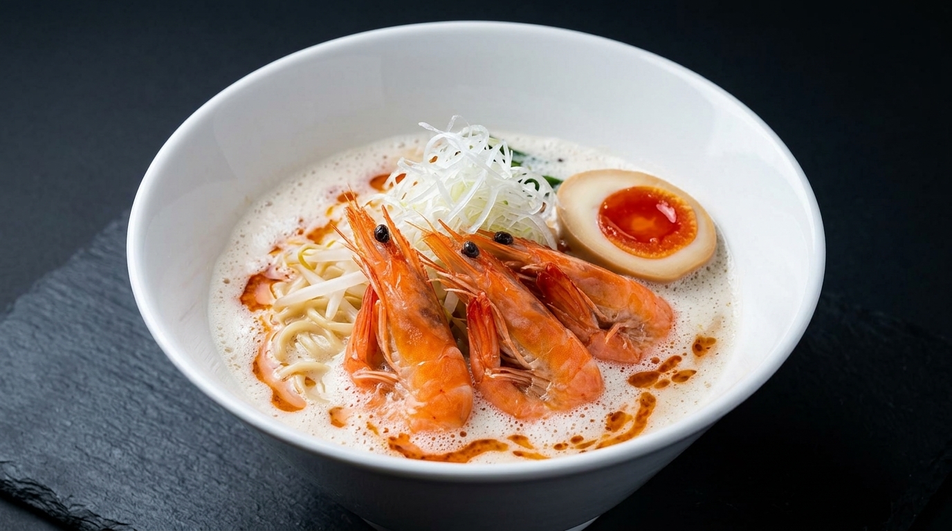 Kremowy Ramen z Krewetkami i Białym Bulionem Drobiowym (Ebi Tori Paitan)