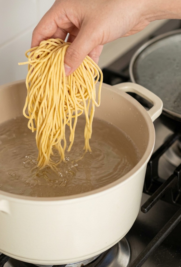 Ręka wrzucająca porcję świeżego makaronu ramen do garnka z wrzącą wodą.