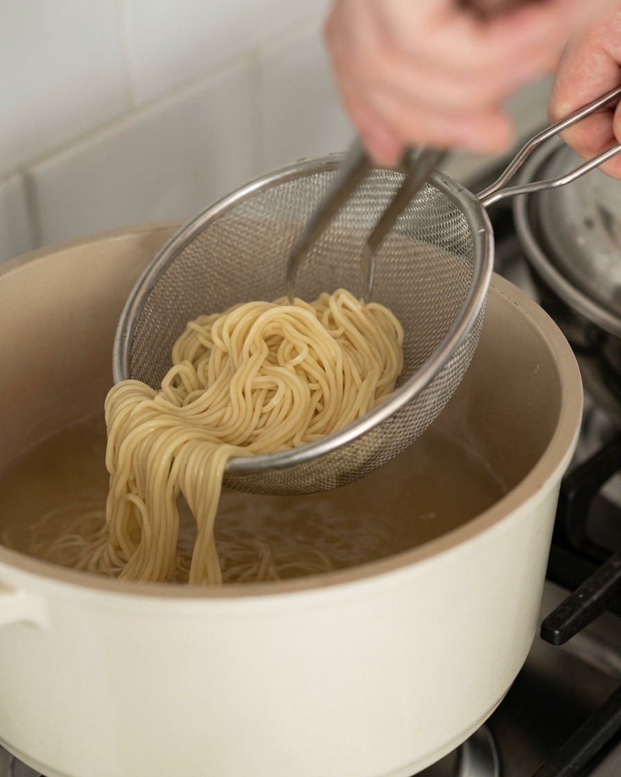 Sitko wyławiające porcję cienkiego makaronu ramen z białego garnka.