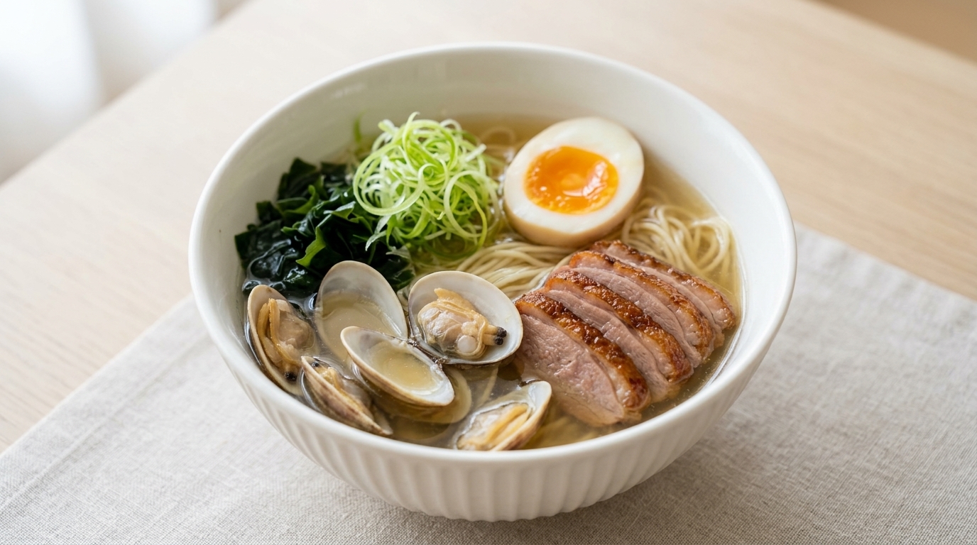 Domowy ramen shio z małżami i pieczoną kaczką