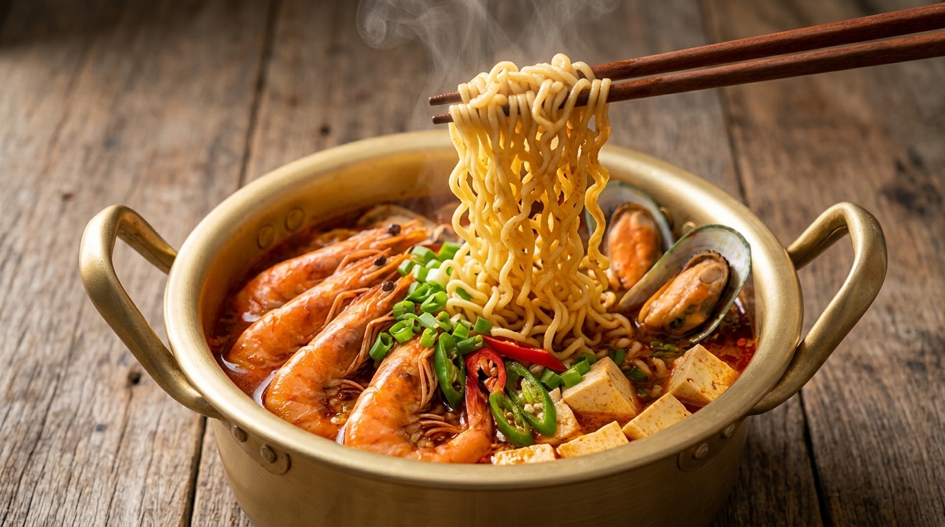 Szybki koreański ramen z owocami morza (w stylu Jjamppong)