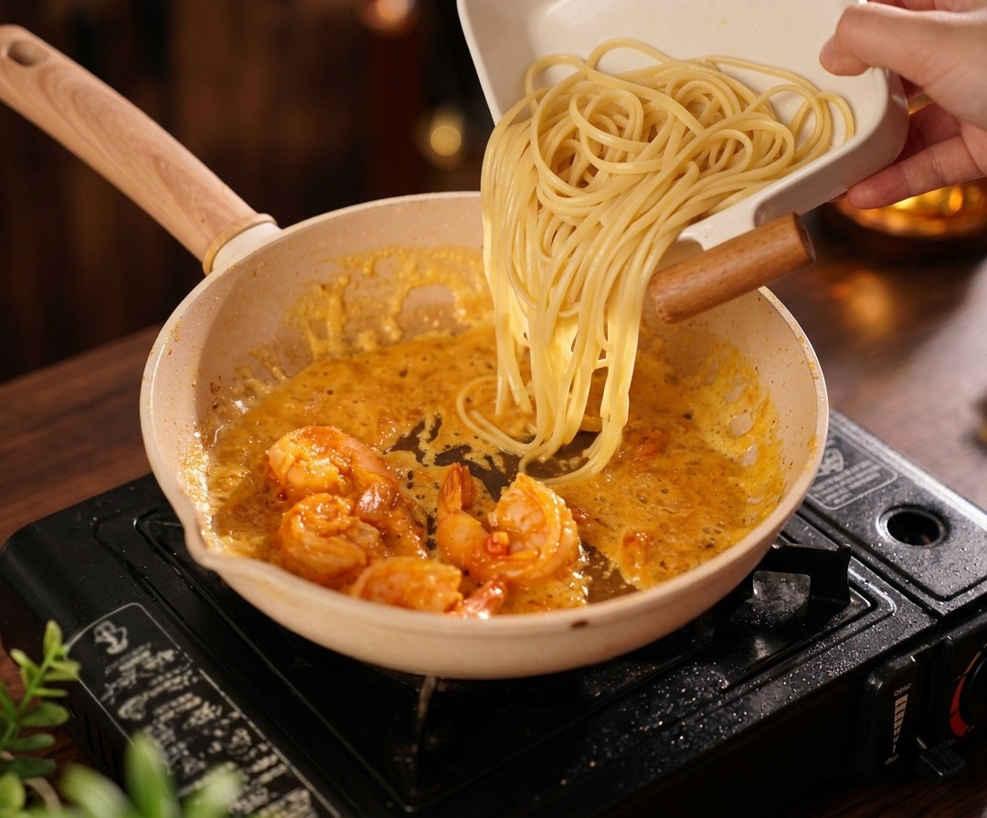 Ugotowane spaghetti przekładane z białej tacy na patelnię z krewetkami i gęstym złotym sosem.