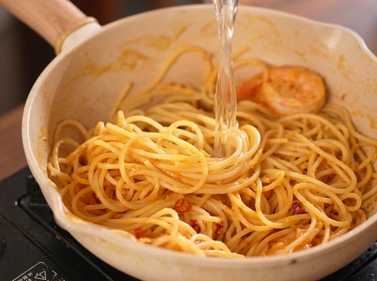 Klarowny bulion drobiowy wlewany na porcję spaghetti i krewetek na jasnej patelni.