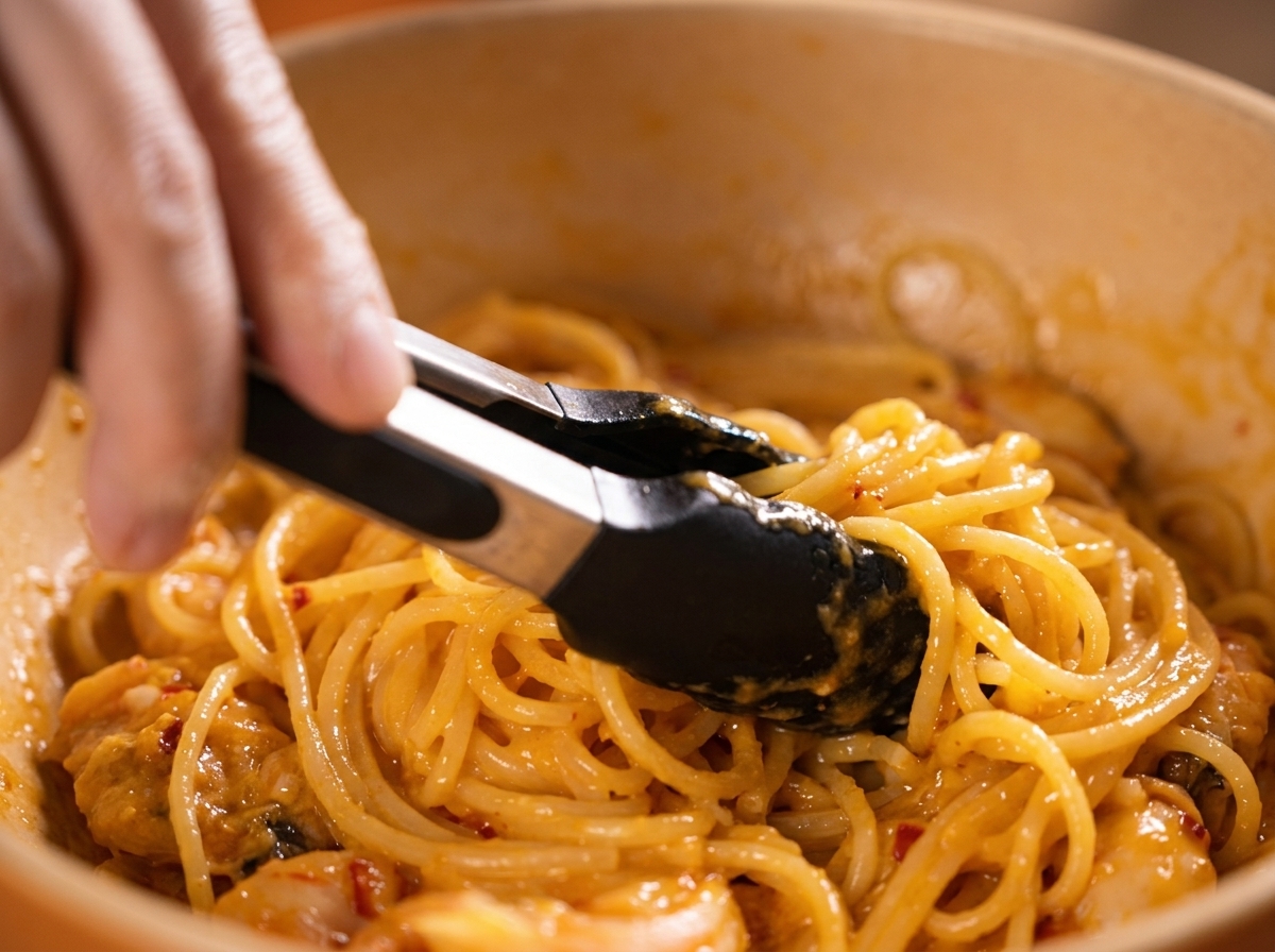 Szczypce mieszające spaghetti w kremowym, pomarańczowo-złotym sosie na dużej ceramicznej patelni.