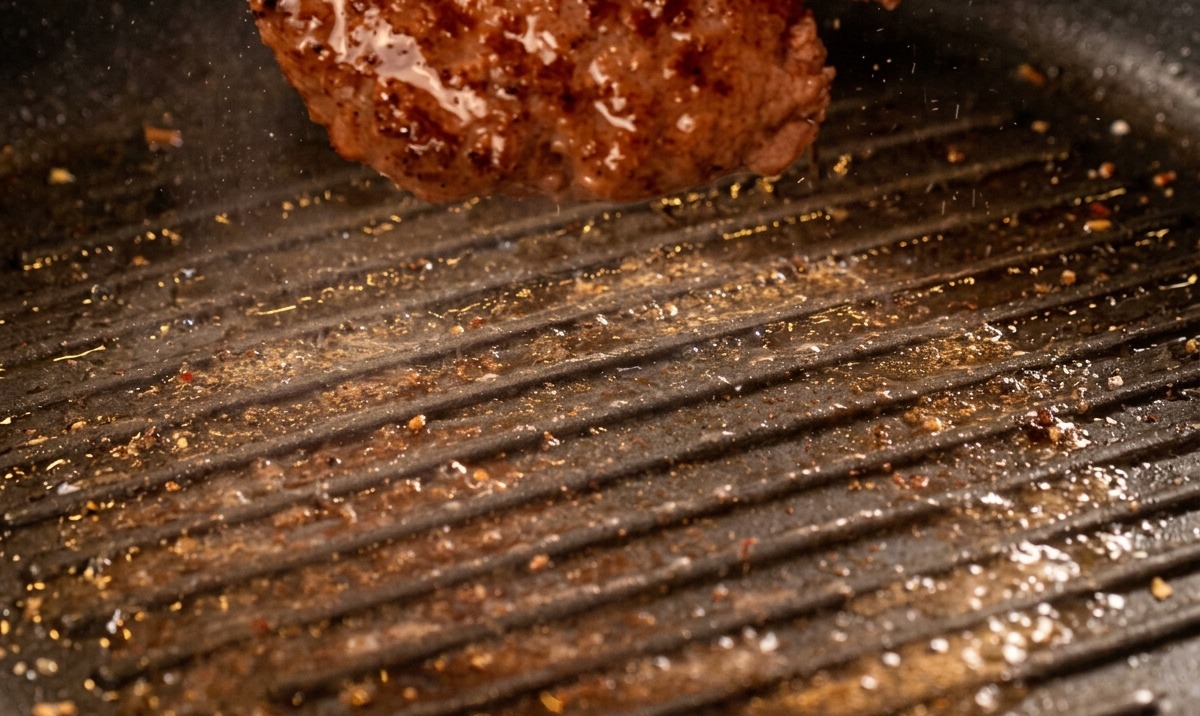 Smażony kotlet wołowy odwracany na patelni, z widocznymi ciemnobrązowymi śladami grillowania.